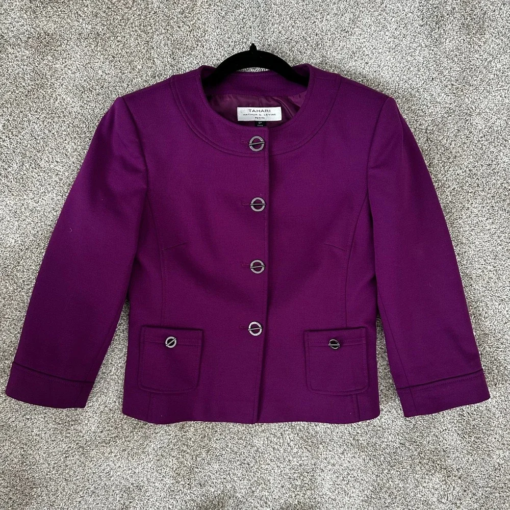 Tahari Arthur S Levine Petite Women's Purple Lined Blazer Jacket Suit Size 6P‎